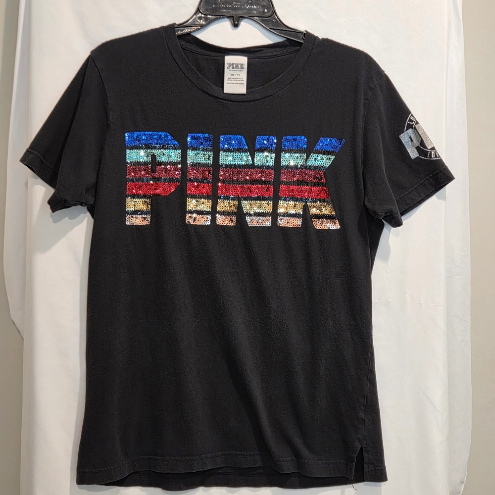 Pink Victoria's Secret Black Rainbow Sequin Logo T-Shirt XS Short Sleeve Tee